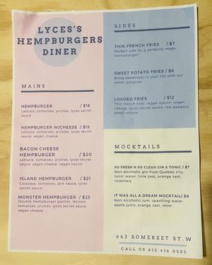 Lyces Hempburgers Diner Menu  at Lyces in Ottawa