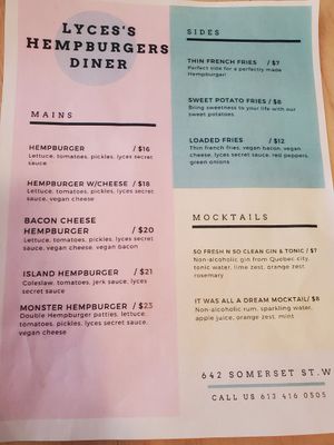 Menu at Lyces in Ottawa