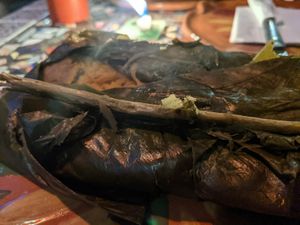 Steaming tamale at Sativa Studio Cafe in Banos