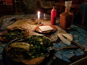 Lasagna (would be vegan without the cheese, which you could ask for) at Sativa Studio Cafe in Banos