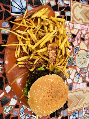 Vegan Burger (comes with fries)  at Sativa Studio Cafe in Banos