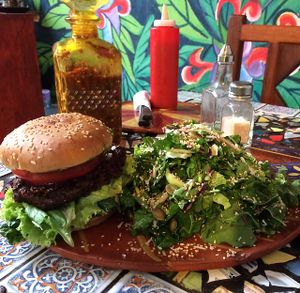 La hamburguesa vegana. Gigante, deliciosa, ingredientes saludables y frescos  at Sativa Studio Cafe in Banos