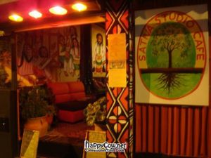 Sativa Studio Cafe at night, take from outside at Sativa Studio Cafe in Banos