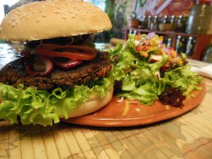 Vegan burger & salad at Sativa Studio Cafe in Banos