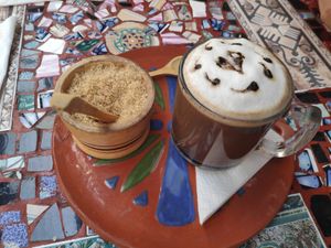 Café con leche de soja riquísimo! at Sativa Studio Cafe in Banos