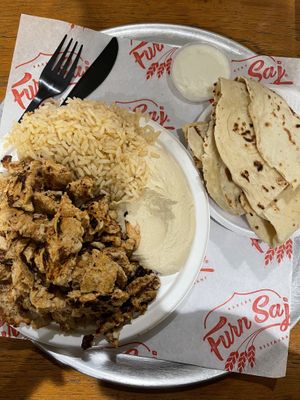 chicken plate with rice and hummus as side   at Furnsaj in San Diego