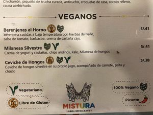 Vegan menu (there are a few other items, some not labeled as vegan) at Mistura Grill in Cusco