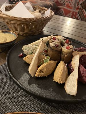 Pkhali, puri bread, and baje sauce (orange)  at Al Terrace Georgian Cuisine in Doha