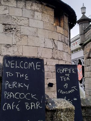 The signs (Lendal Bridge in the background) (January 2023) at The Perky Peacock in York