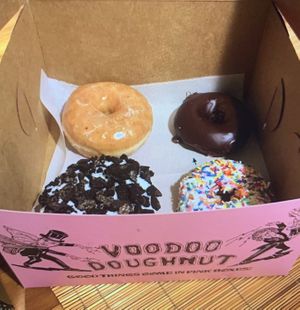 Some favorite selections! Classic glazed, Oreo, chocolate cake and cake with sprinkles 🍩  at Voodoo Doughnut in Portland