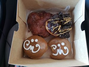 Vegan maple creams, a vegan apple fritter, and a vegan dirty old bastard. SO GOOD. at Voodoo Doughnut in Portland