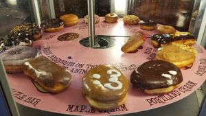 vegan doughnut shelf at Voodoo Doughnut in Portland