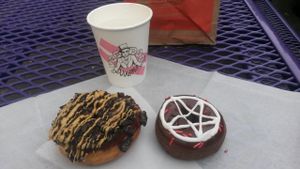It was hard to choose which donuts to get. at Voodoo Doughnut in Portland