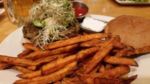 veggie burger and yam fries at At Sara's Table Chester Creek Cafe in Duluth