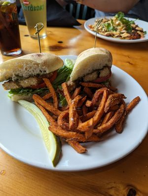 BLT (tempeh) with yam fries at At Sara's Table Chester Creek Cafe in Duluth