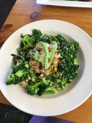 Rice base with veggies, fermented veggies, and seeds.  at At Sara's Table Chester Creek Cafe in Duluth