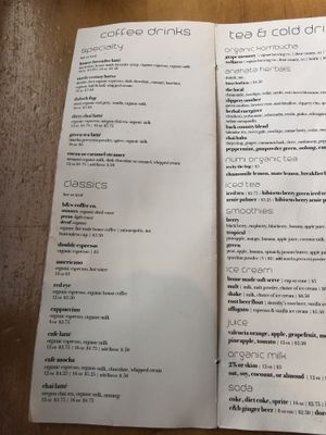 Coffee drinks menu at At Sara's Table Chester Creek Cafe in Duluth