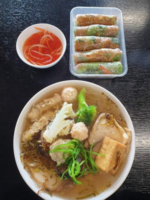 Rice paper rolls / Bi Cuon ($10.00) and Hu Tieu Noodle Soup ($17.00) at Ấn Quang Vegie Hut Vietnamese Buddhist Vegetarian Restaurant in Cairnlea