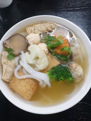 Banh canh noodle soup $17.00 at Ấn Quang Vegie Hut Vietnamese Buddhist Vegetarian Restaurant in Cairnlea
