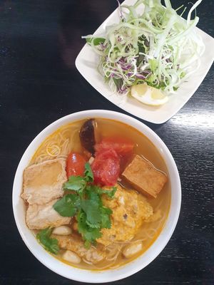 Bun Rieu (Crab noodle soup) $17.00 at Ấn Quang Vegie Hut Vietnamese Buddhist Vegetarian Restaurant in Cairnlea