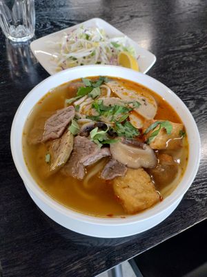 Spicy "Beef" noodle soup at Ấn Quang Vegie Hut Vietnamese Buddhist Vegetarian Restaurant in Cairnlea