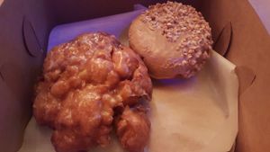 Vegan fritter & PB & J Donuts. at Voodoo Doughnut Too in Portland