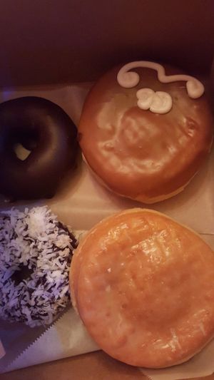 All Vegan! 
The top right is the maple donut with maple "creme" filling, bottom right is filled with raspberry sauce. All were amazing. at Voodoo Doughnut Too in Portland