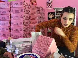 Helpful VooDoo Doughnut Goth girl at Voodoo Doughnut Tres in Eugene