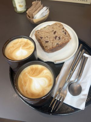 Oatmilk cappuccino and vegan banana bread   at Tone Milano in Milan