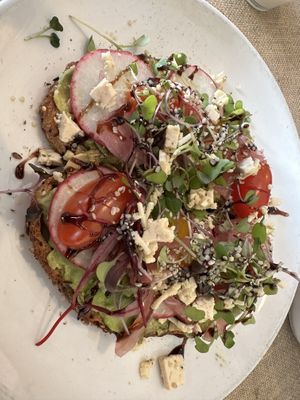 New menu items Feb ‘24…Boujie avocado toast with house made vegan feta. Delicious!    at Mama Kat's Restaurant in San Marcos