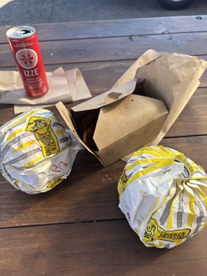 Black garlic fries, a Bangcock & Wildfire burger  at Chicken Crossing in Eugene