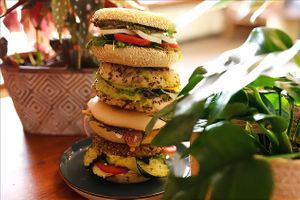 thats what i call breakfast

we orderd 4 bagels and stack them up for this picture at Pastel Blumencafe in Magdeburg