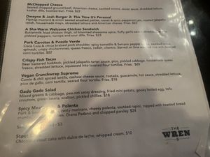 Menu with vegan option clearly marked  at The Wren in Toronto