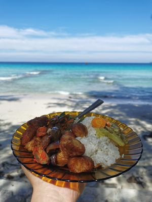 Curries, potato, Tempe, vegetable, rice at Mana Cafe in Kota Sabang