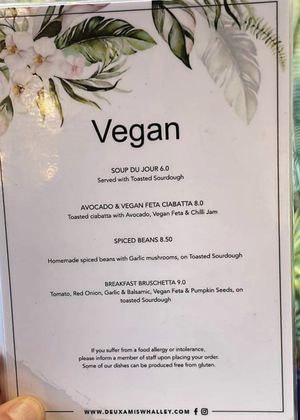 Vegan menu at Deux Amis in Whalley