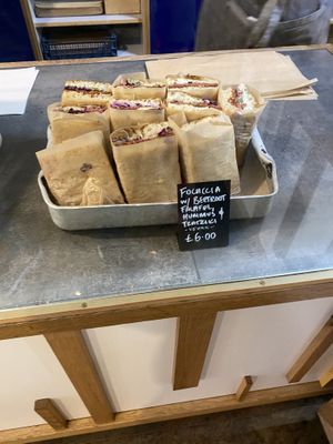 Focaccia with beetroot, falafel, hummus and tzatziki  at Hart's Bakery in Bristol