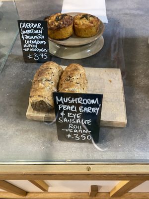 Mushroom, pearl barley and rye sausage rolls  at Hart's Bakery in Bristol