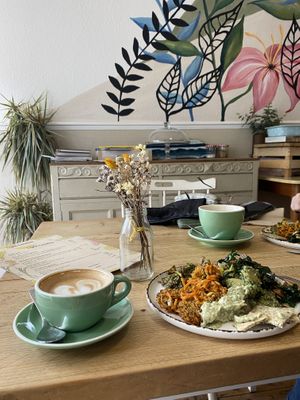 Salad plates and coffees  at The Feel Good Larder in Barnstaple