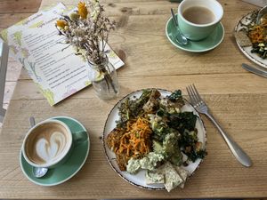 Salad plate and flat white   at The Feel Good Larder in Barnstaple