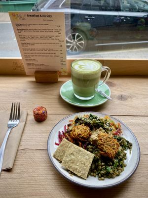 Small salad plate with Matcha 💚 Latte   at The Feel Good Larder in Barnstaple