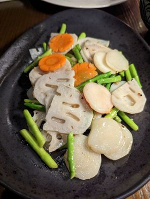 Asparagus & lotus root in black bean sauce at Shi Restaurant in Dubai