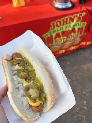 Loaded vegan hot dog  at John's World Famous Hot Dogs in Honolulu