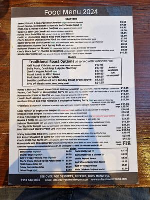 2024 menu (front) at The Refreshment Rooms in Birkenhead