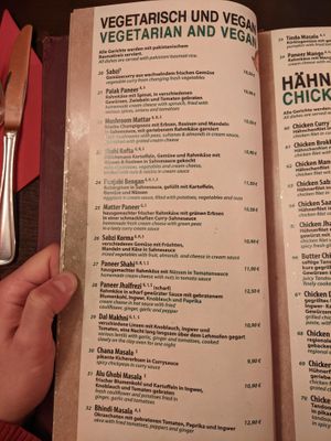 The vegetarian and vegan menu of Sadhu. The allergen G means milk. at Sadhu in Berlin