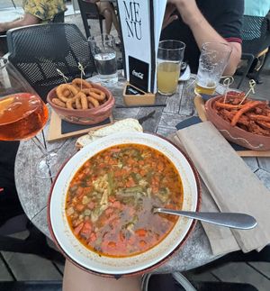 Vegan soup and onion rings  at Krakovc in Ljubljana