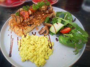 Mushrooms on Toast with side of Scrambled Tofu at Loving Hut Perth in Wembley