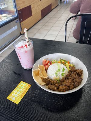 Rendang bowl and strawberry milkshake (chefs kiss)  at Loving Hut Perth in Wembley