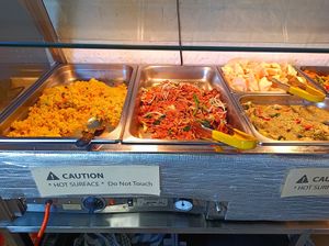 Fried rice, noodles, prawn crackers, Malaysian kapitan curry at Loving Hut Perth in Wembley