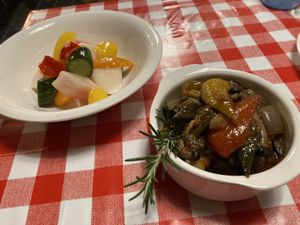 Vegan caponata and pickles appertizers  at Konataka in Tokyo