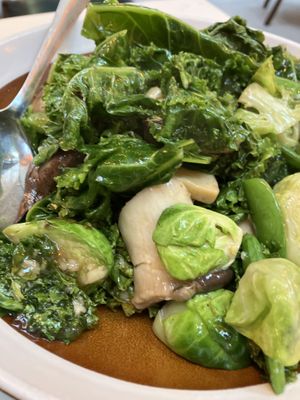 Brussel sprouts, snap peas, mushroom, kale  at TAO Restaurant and Bar in Sydney